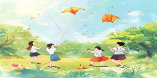 一位母亲和继子女在公园草坪上一起放风筝，阳光明媚，画面温馨，展现出重组家庭逐渐建立起来的温暖亲密关系