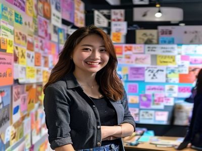 李妍，继母的朋友们联合创始人兼首席内容官，在明亮的工作室内微笑着看向镜头，背景是满满一墙的用户故事便利贴