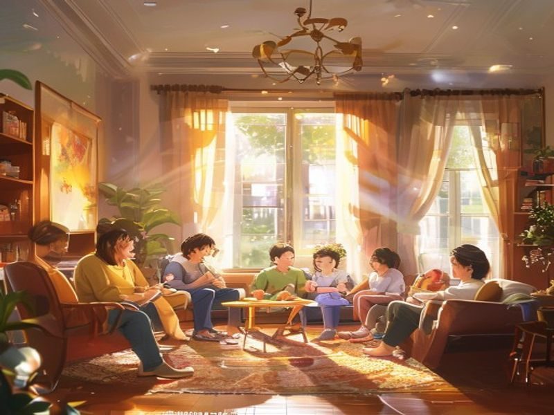 温馨重组家庭客厅场景，继母与她的朋友们围坐在一起聊天，孩子在旁边玩耍，阳光透过窗帘洒落，画面温暖柔和，体现继母的朋友们对家庭氛围的正向影响