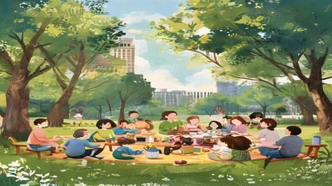 重组家庭聚会场景，继母和她的朋友们带着各自的孩子在公园野餐，孩子们在草地上玩耍，大人们围坐交流，画面充满生机与温暖